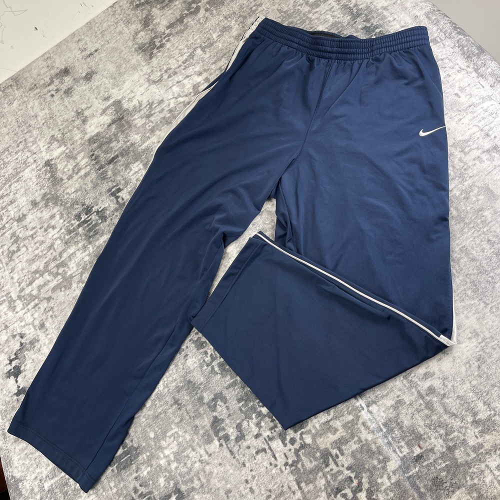 Nike Mens 2XL Navy Blue Track‎ Pants Swoosh White Side Stripe Gym Sweats
